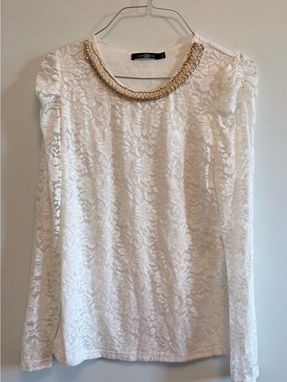 White Lace Long-Sleeve Top with Gold Chain Neckline